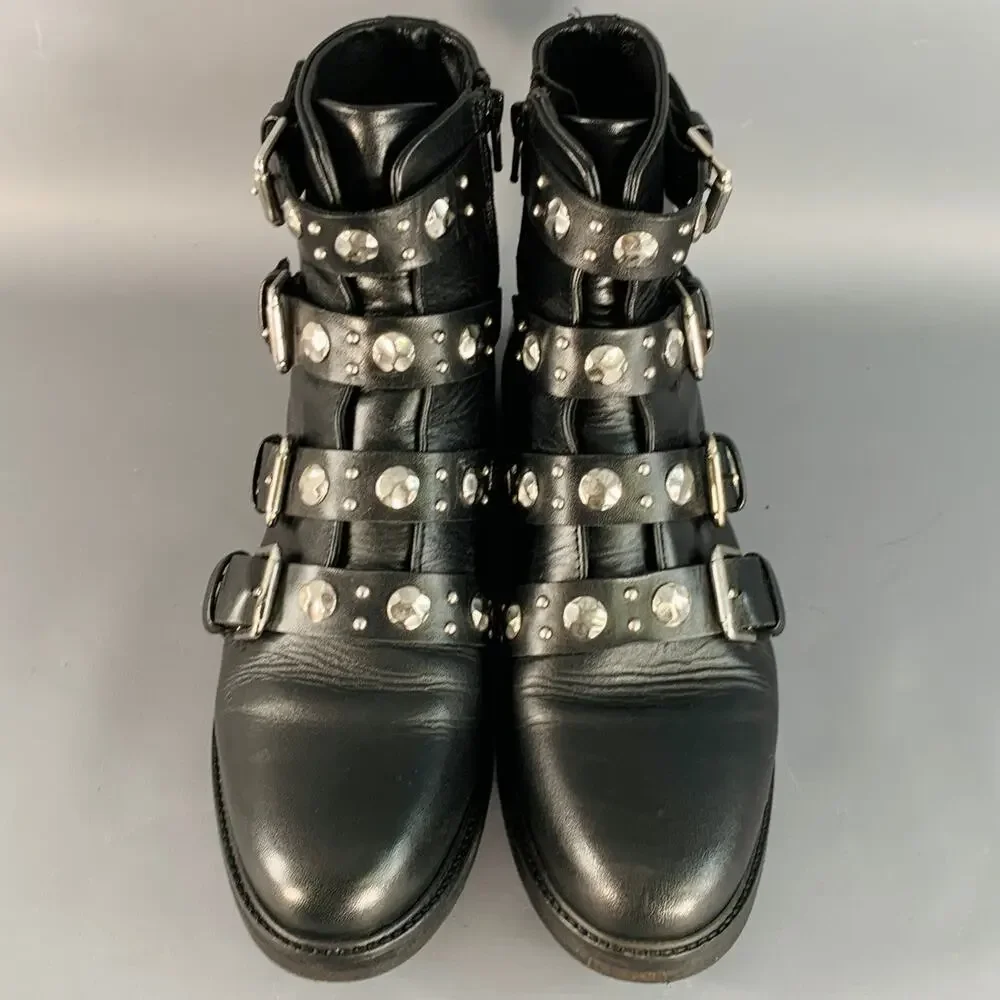 MAJE Size 9 Black Leather Studded Belted Side Zipper Military Ankle Boots - Picture 3 of 8